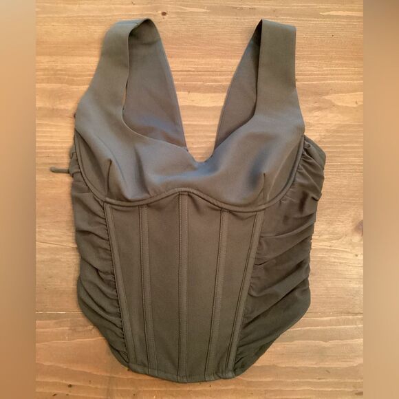 SALTY SZ LARGE GRAY RUCHED CORSET BUSTIER WITH BONING SIDE ZIP - Picture 3 of 8